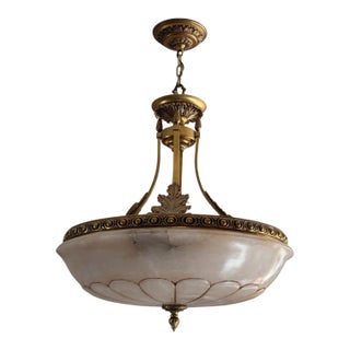 Vintage French Alabaster and Brass Chandelier For Sale