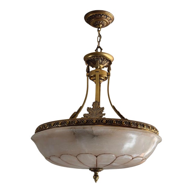 Vintage French Alabaster and Brass Chandelier For Sale