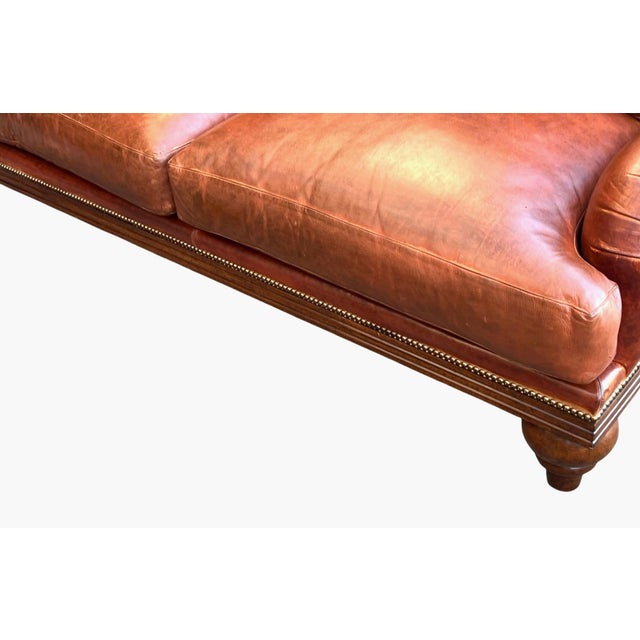 1970s English Traditional Light Brown Leather Sofa With Nail Head Trim & Carved 6-Leg Base For Sale - Image 15 of 16