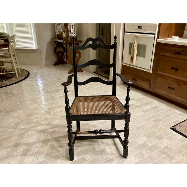 Antique Art Nouveau Ladderback Black Dining Side Desk Hall Arm Chair W/Cane Seat 41“ Tall For Sale - Image 9 of 9