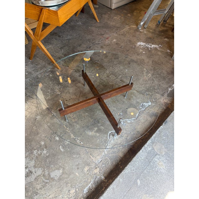 Italian Round Glass Coffee Table With Wood X-Base For Sale In Los Angeles - Image 6 of 12