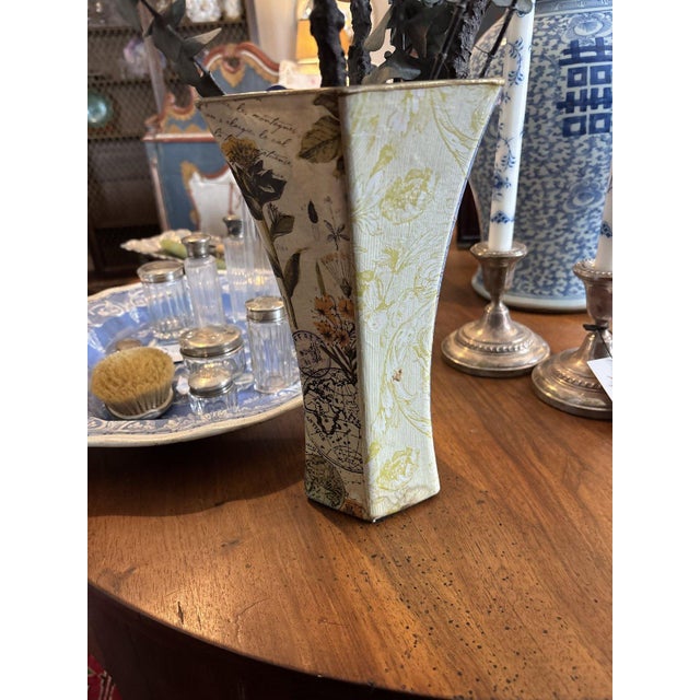 French Country Vintage Decoupage Vase With Mixed Botanical, Antique Map and Folk Art Panels For Sale - Image 3 of 6