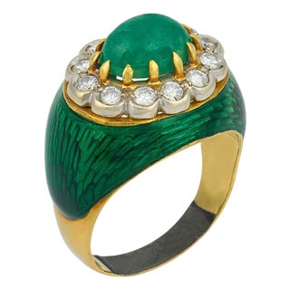 Vintage 1.50 Carat Emerald Diamond 18k Yellow Gold and Enamel Cluster Ring, Size 4 For Sale