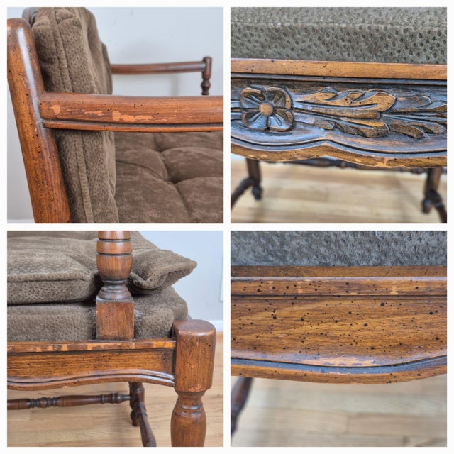 Mid 20th Century French Country Petite Walnut Ladder Back Settee Bench W/ Brown Faux Suede Cushions For Sale - Image 11 of 12