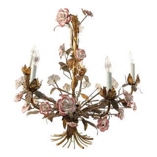 Vintage French Brass Chandelier With Ceramic Flowers For Sale