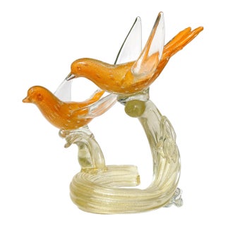 Vintage Murano Gold Flecks Orange Bullicante Technique Italian Art Glass Birds Branch Sculpture For Sale
