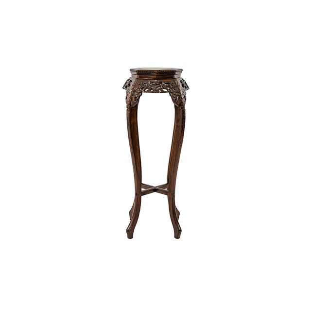 Vintage Ming Dynasty Reproduction Pedestal or Plant Stand in likely Rosewood or Elmwood. Featuring Floral Apron wood work...
