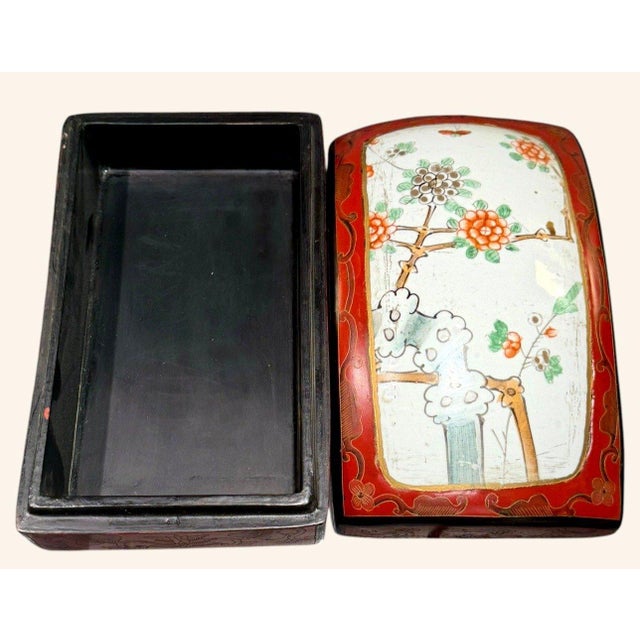 Metal Antique Chinese Red Lacquer Box Porcelain Plaque Metal Inlay C1920 For Sale - Image 7 of 18