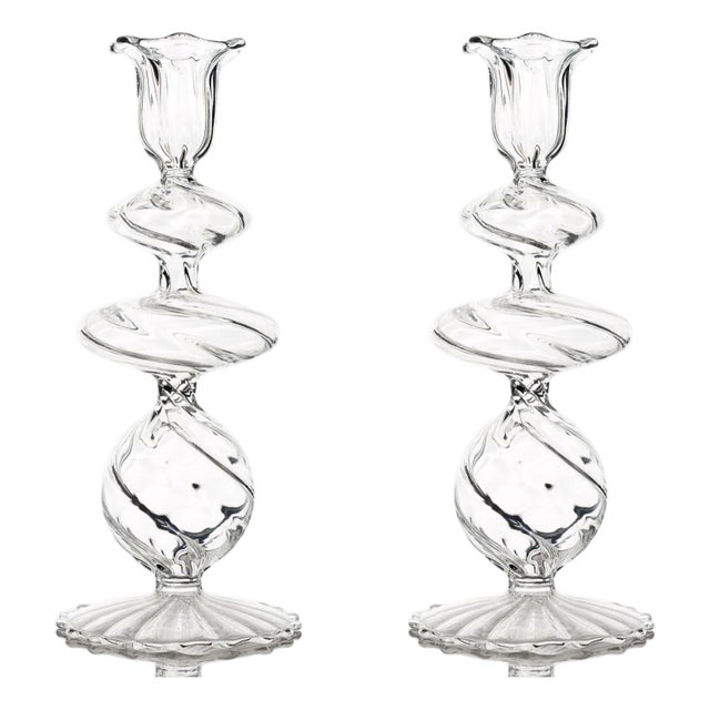 Clear Swirl Glass Candlestick, Medium, Set of 2 For Sale