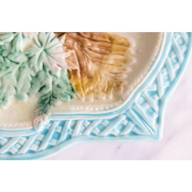 19th Century French Majolica Turquoise Basketweave Floral Platter For Sale In Houston - Image 6 of 9