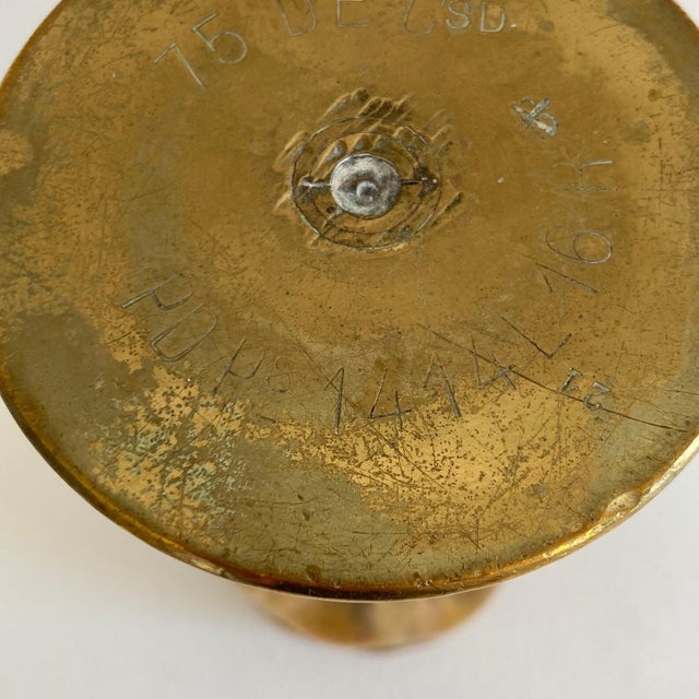 Antique French Metal Trench Art Artillery Shell Vase W/ Incised Geometric Pattern - Brass - Distressed Patina Finish Early 20th Century For Sale - Image 9 of 9