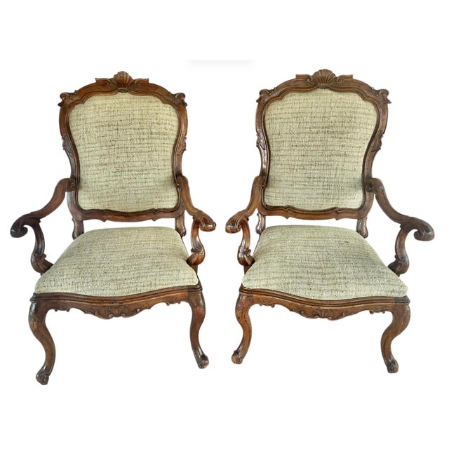 Cream Mid-18th Century Venetian Rococo Armchairs, Carved Walnut, Italy For Sale - Image 8 of 12
