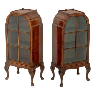 Queen Anne Style Burl Walnut Cabinets, Pair For Sale