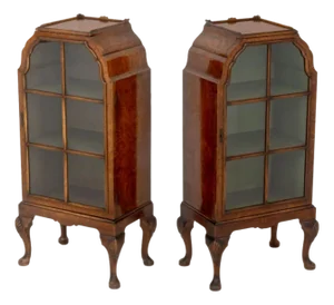 Queen Anne Style Burl Walnut Cabinets, Pair