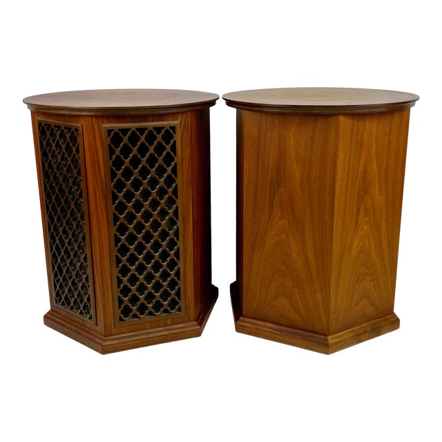 Mid Century Walnut Realistic Optimus 6 Speakers / End Tables a Pair