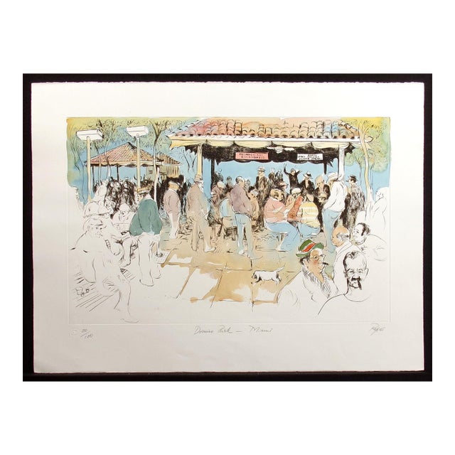 William Papas "Domino Park, Miami" Hand Painted Etching Artwork, Florida For Sale