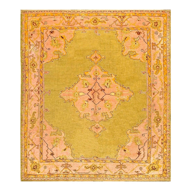 Impressive Olive Green Background and Medallion Design Antique Turkish Oushak Rug For Sale