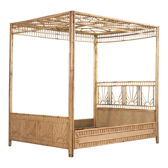 Chinese Chippendale Fretwork Rattan Queen Bedframe For Sale