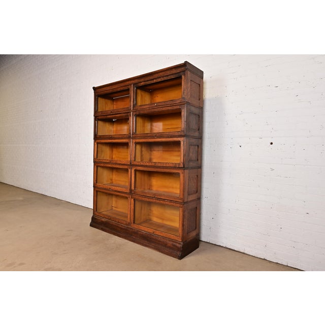 Mission Antique Arts & Crafts Tiger Oak Double Five-Stack Barrister Bookcase, Circa 1900 For Sale - Image 3 of 14