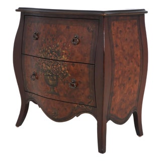 Italian Style Burl Wood Bombe Painted Commode Chest For Sale