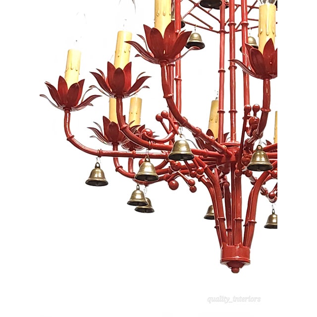 Immense Vintage Italian Tole Faux Bamboo Pagoda Lattice Brass Bell Chandelier ~ Rewired ~ Restored ~ Rejuvenated ~ Ready to Hang ~ For Sale - Image 4 of 12