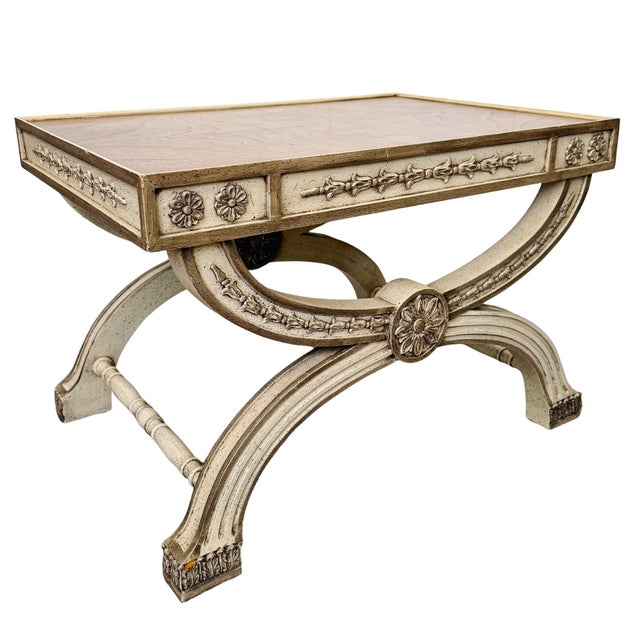 1960 Neoclassical Regency Style Burl Walnut & Painted Curule Accent Tables by Heritage - Pair For Sale - Image 11 of 15