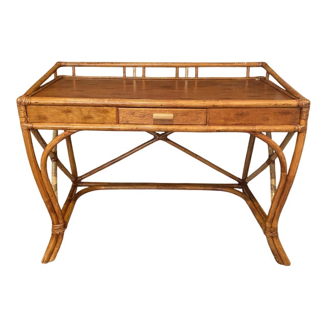 Vintage Bohemian Boho Chic Rattan Bamboo Writing Desk For Sale