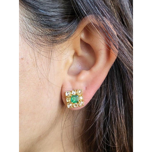 Set in 18k Gold, Natural Zambian Emerald & Yellow Rose Cut Diamonds Stud Earrings, Pair For Sale - Image 6 of 7