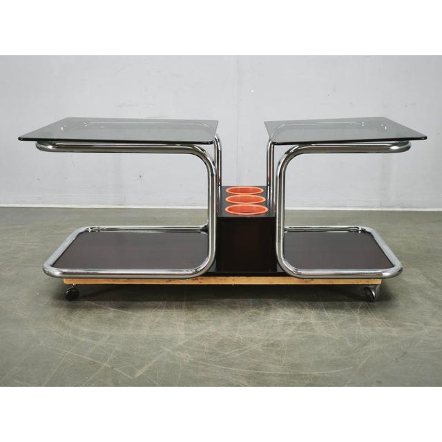 Space Age Chrome, Smoked Glass and Wood Bar Cart, 1970s For Sale - Image 10 of 15