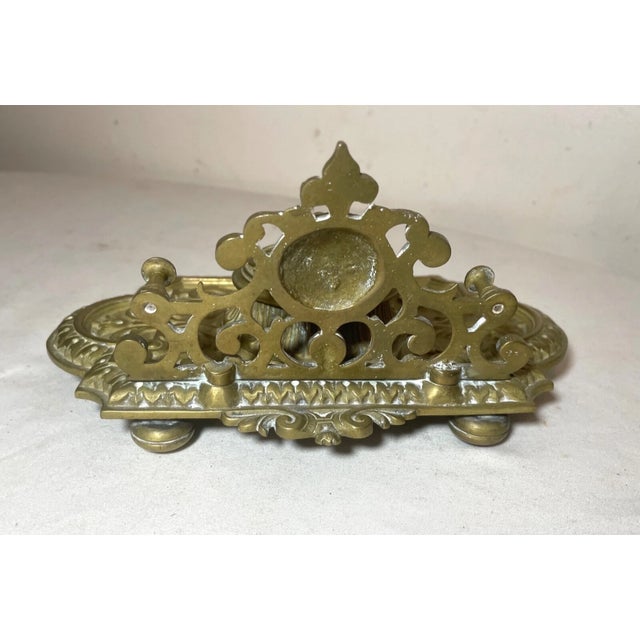 Antique Ornate 19th Century Victorian Gilt Brass Desk Inkwell Stand Tray Letter - Set of 2 For Sale - Image 9 of 11