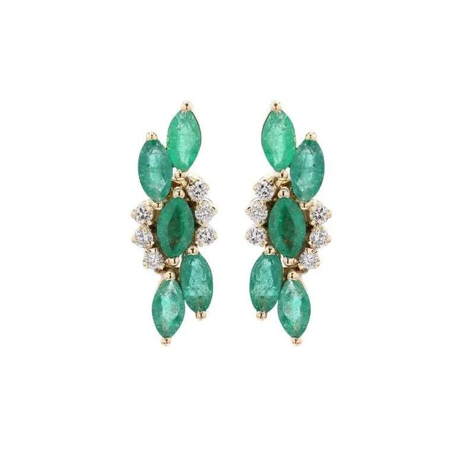 Art Deco 3.5 Ct Marquise Cut Emerald and Diamond Stud Earrings in 18k Solid Yellow Gold- 2 Pieces For Sale - Image 3 of 4