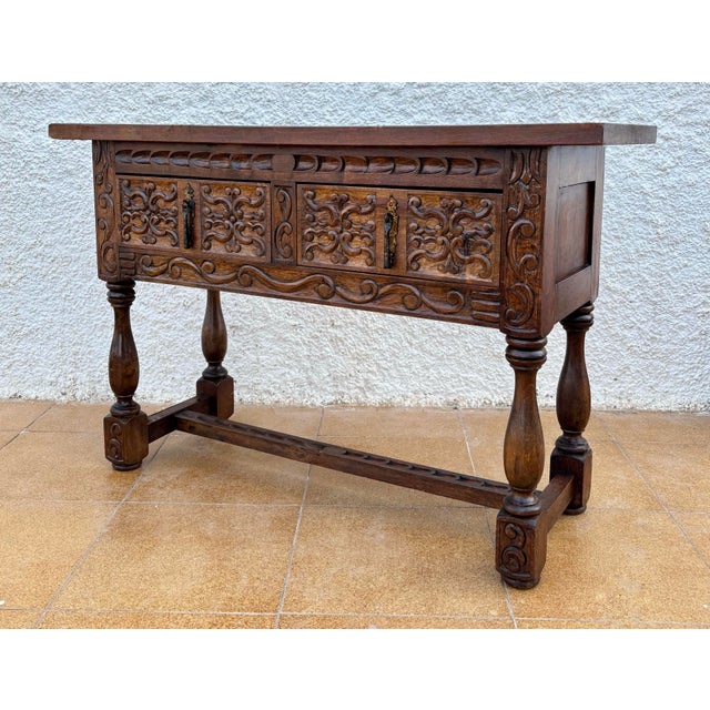 Spanish Hand-Carved Console with Drawers, 1920s For Sale - Image 3 of 11