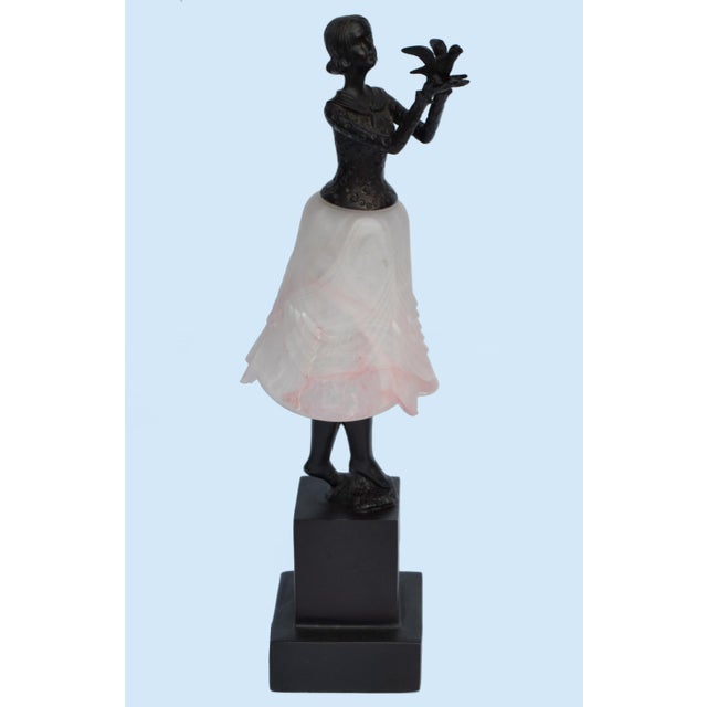 1970s Art Deco Bruno Zach Attributed Bronze Sculpture Female Dancer Table Lamp Art Glass Shade For Sale - Image 10 of 15