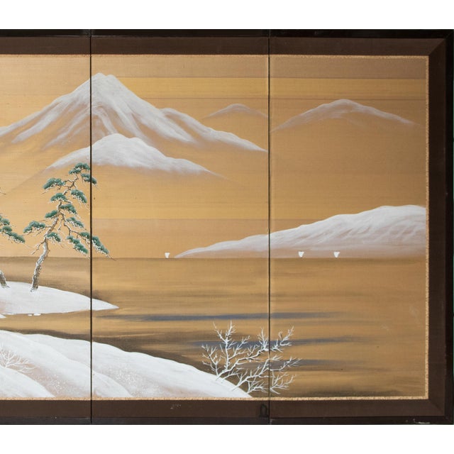 1960s Shōwa Era Japanese Silk Byobu Screen "Mountain Landscape With Pine Trees" For Sale - Image 4 of 18