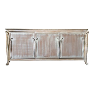 Hollywood Regency Style Cerused Wood Finish and Travertine Top Sideboard For Sale
