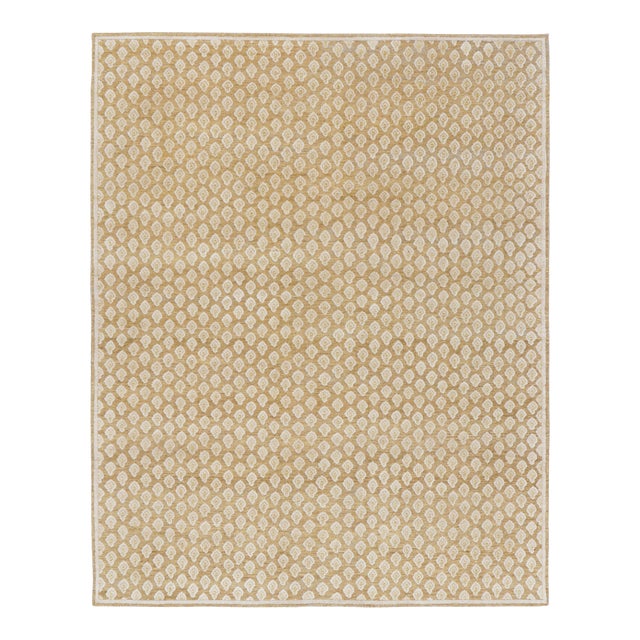 Rug & Kilim’s Modern Block Print Rug in Gold with Cream Floral Pattern - 10x14 For Sale