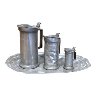 18th Century French Normandy Pewter Litre Measures, Set of 3 With Tray For Sale