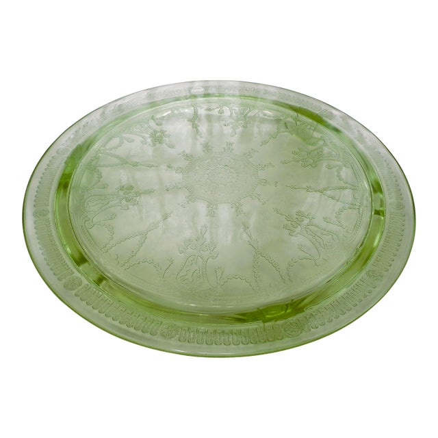 1930s Green Anchor Hocking Embossed Floral Vasoline Depression Cameo Cake Plate (Glows)) For Sale