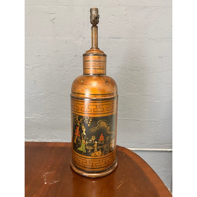 Chinoiserie Early 20th Century Chinoiserie Tole Tea Canister Table Lamp For Sale - Image 3 of 8