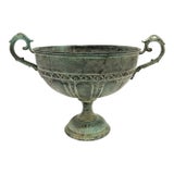 Vintage Verdigris Brass Urn With Scroll Handles on Pedestal Base - Neoclassical, Traditional, Classical For Sale