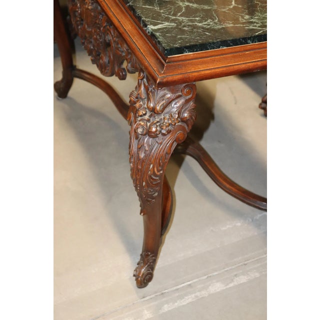 Fine Carved Walnut Verdi Green Marble Top Console Table With Stretcher Base For Sale - Image 10 of 13