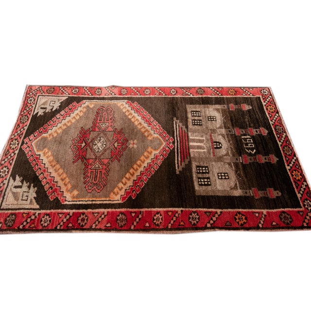 Textile Vintage Pictorial Turkish Brown Wool Rug For Sale - Image 7 of 9