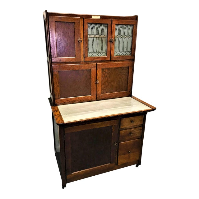 Antique Oak Hoosier With Original Makers Tag, Glass Doors and