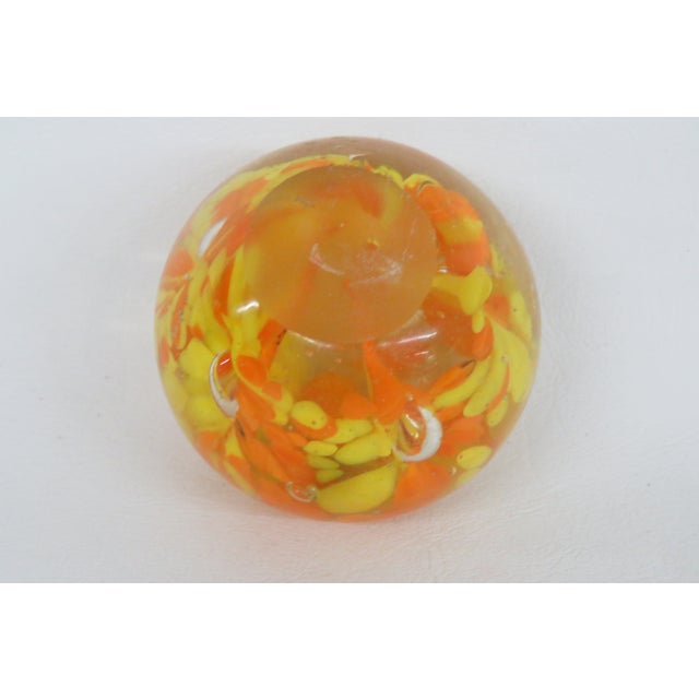 Abstract Art Glass Paperweight Controlled Bubble With Yellow and Orange Speckles 4519b For Sale - Image 3 of 9