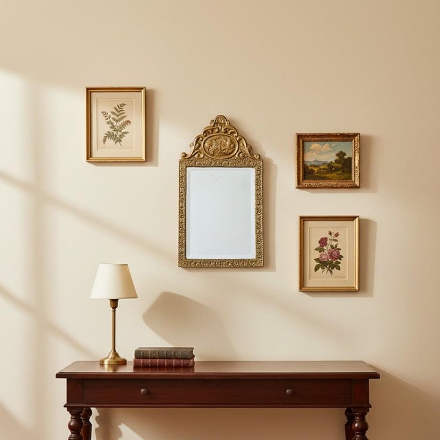 Antique 19th C Dutch Repousse Brass Beveled Glass Wall Mirror-Victorian-Gold For Sale - Image 4 of 11
