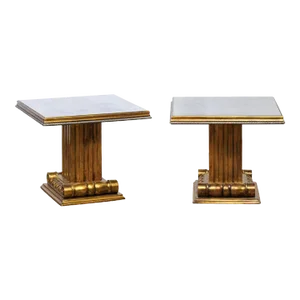 Mid 20th Century French Gold & Mirror Pedestal Side Tables - Set of 2