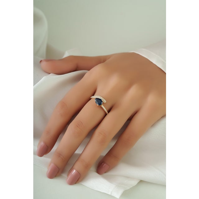 Luxury 1.12ct Blue Sapphire & Diamond Statement Ring Size 5 in 14k Gold For Sale - Image 11 of 16