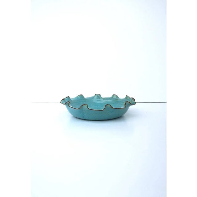 Contemporary Sky Blue Pottery Bowl with Ruffled Edge For Sale - Image 3 of 13
