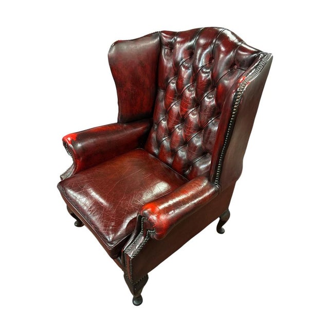 Brown English Chesterfield Wingback Armchair in Dark Red Leather For Sale - Image 8 of 9