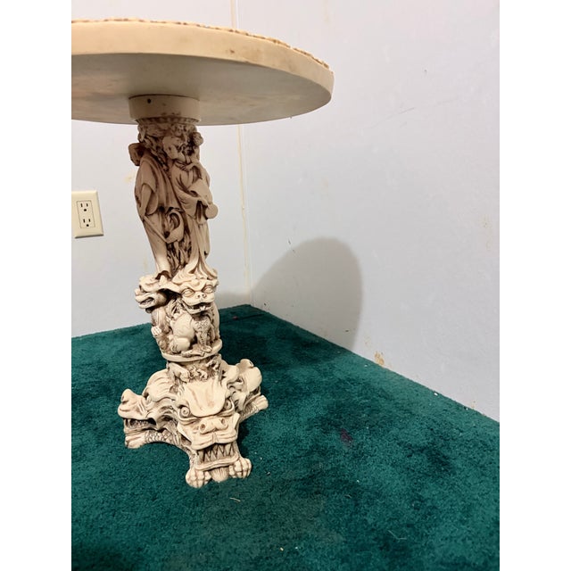 Plastic Vintage 1960s Asian Faux-Ivory Resin Opium Side Table - Intricate Relief Carving For Sale - Image 7 of 11